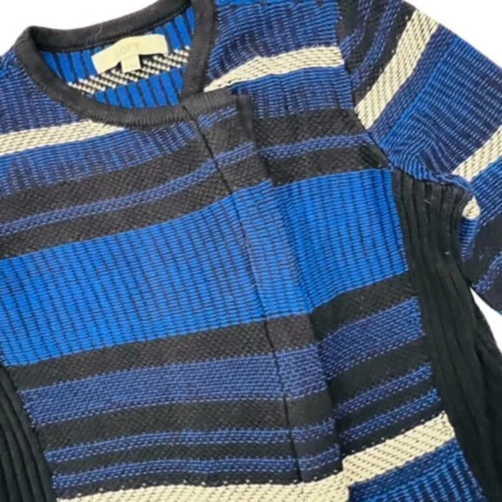 LOFT Womens Striped SOFT Knit MOTO Jacket Asymmetrical Zip Blue Black CITY‎ EUC